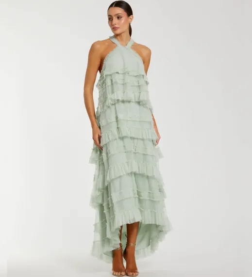 Green Tiered Ruffle Halter Neck Midi Dress